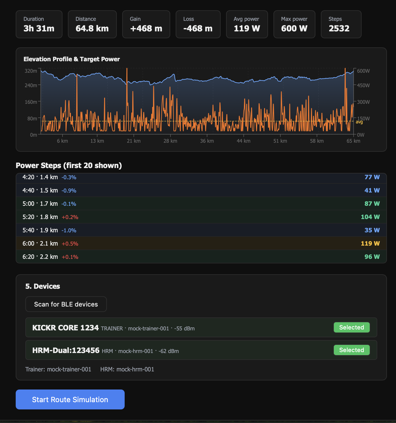 Route simulation showing elevation profile and power steps